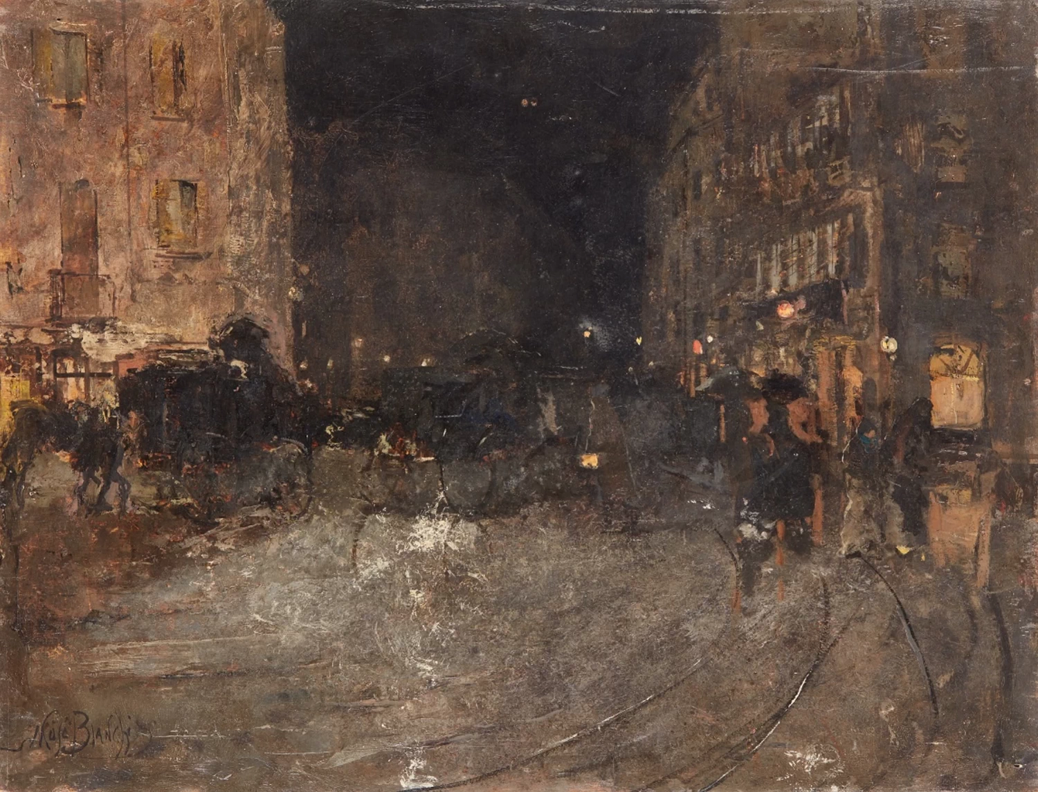 Scena di strada di notte con carrozze